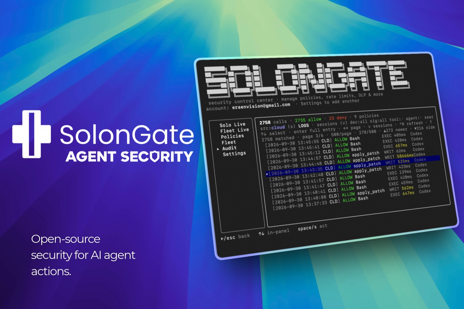 SolonGate Agent Security: the terminal control center listing allowed and denied tool calls