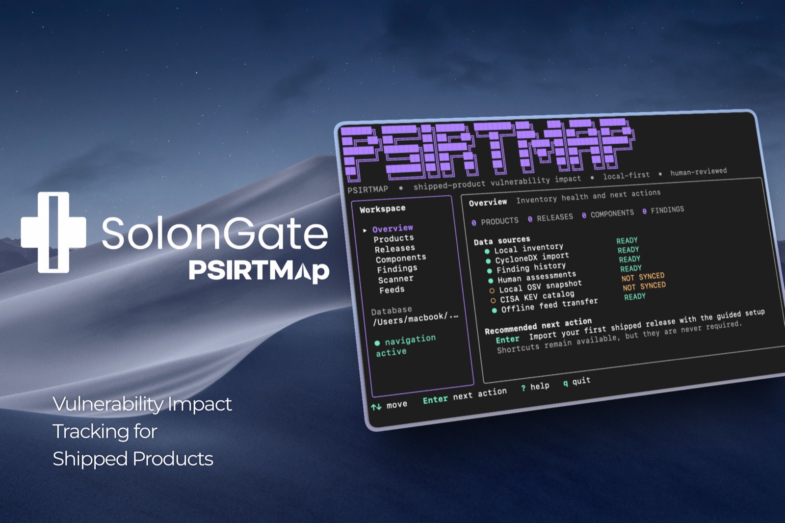 SolonGate PSIRTMap: the terminal workspace with products, releases, findings and data sources